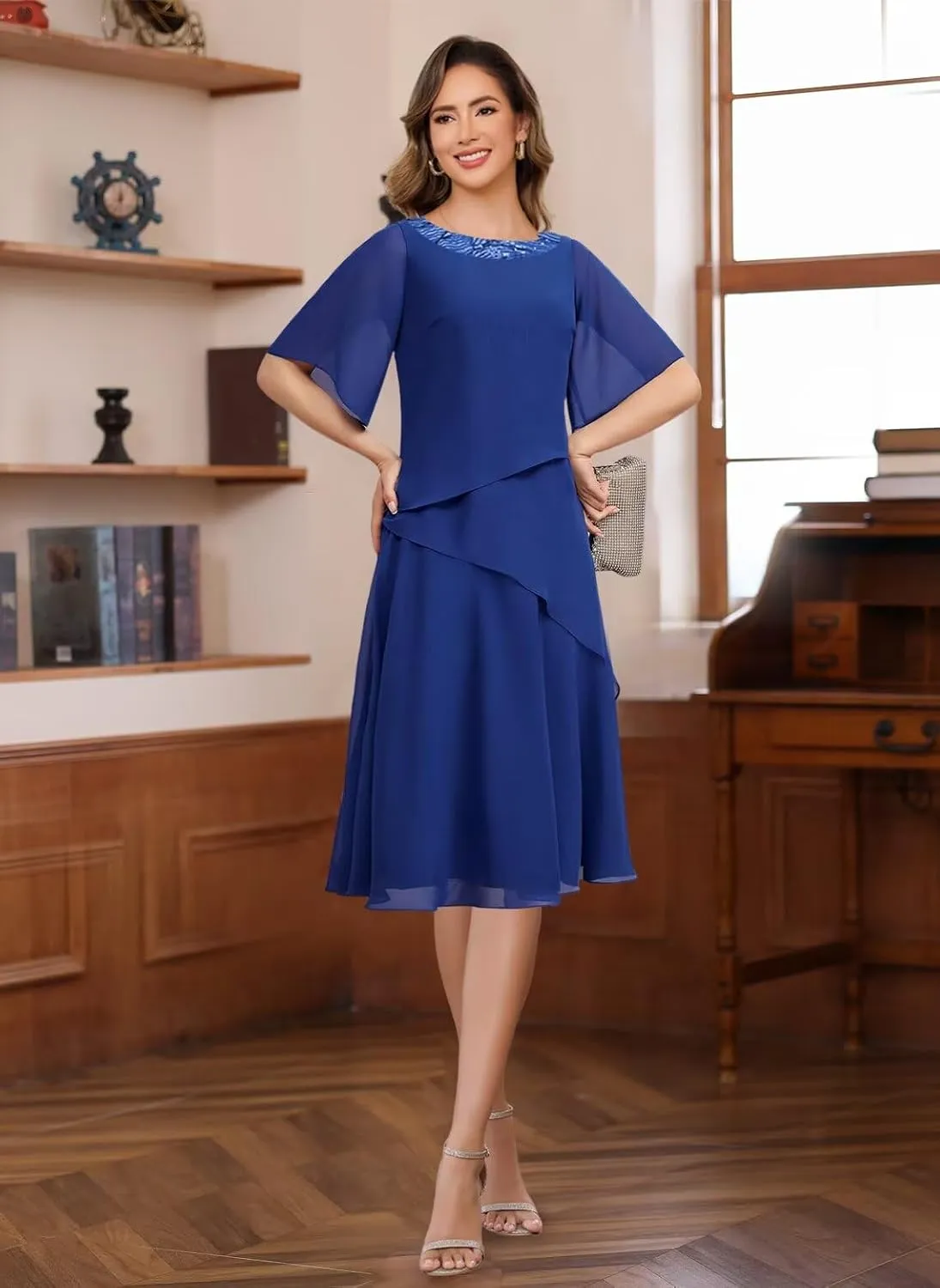 Women's Chiffon Mother of The Bride Dresses with Sleeves Scoop Neck A Line Formal Evening Dress VS178