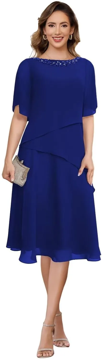 Women's Chiffon Mother of The Bride Dresses with Sleeves Scoop Neck A Line Formal Evening Dress VS178