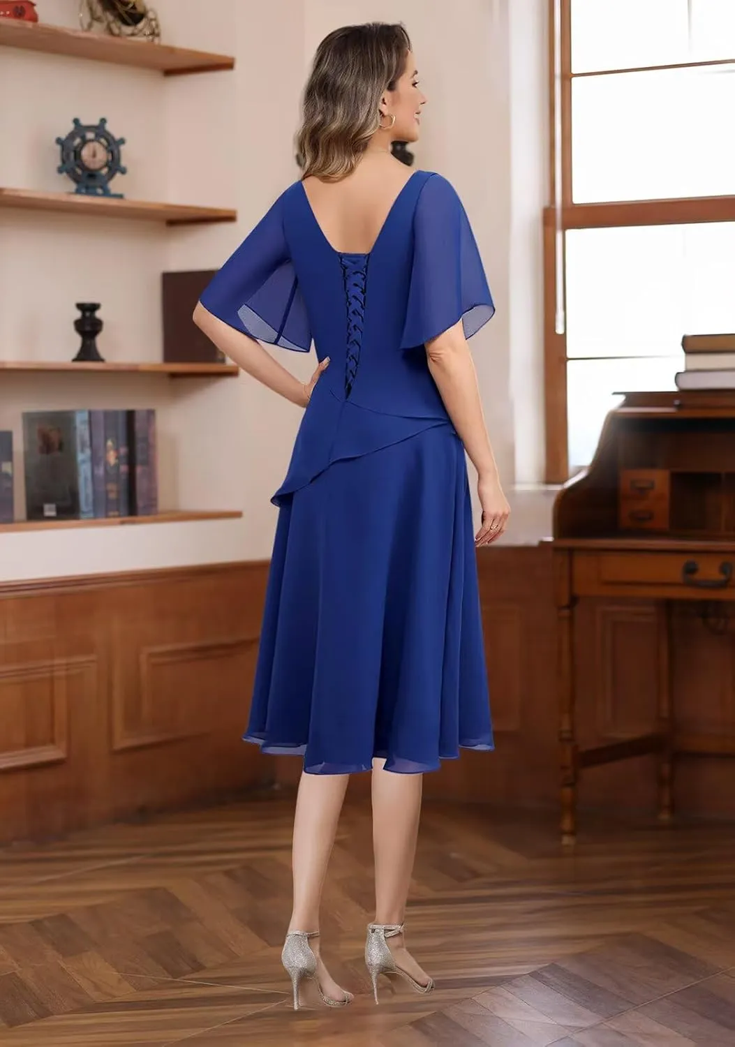 Women's Chiffon Mother of The Bride Dresses with Sleeves Scoop Neck A Line Formal Evening Dress VS178