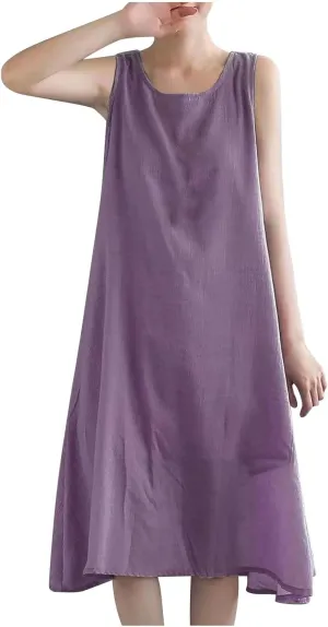 Womens Cotton Linen Crewneck Tank Dress Trendy Comfy Sleeveless Loose Midi Dresses Summer Plus Size Beach Sundress