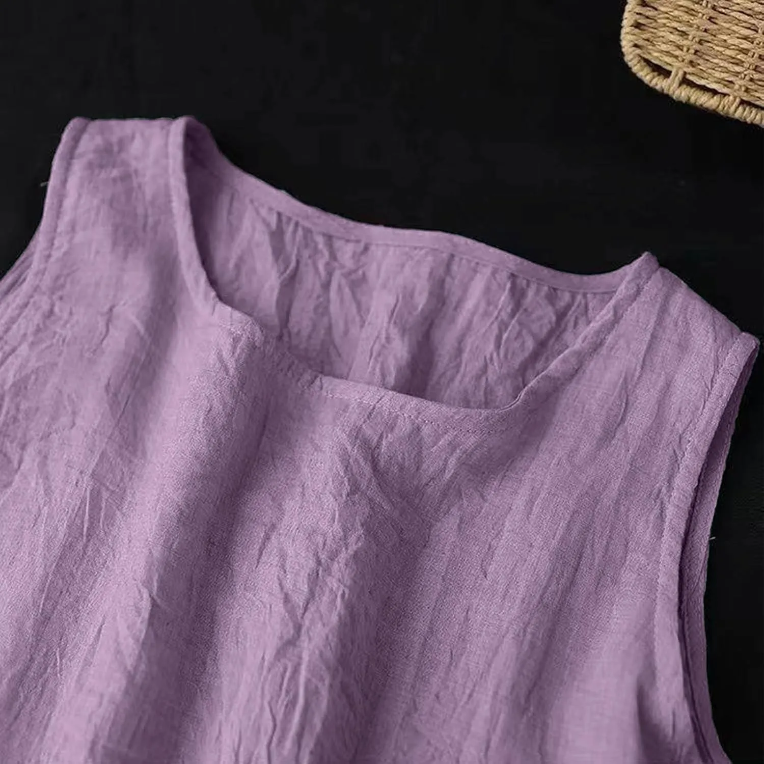 Womens Cotton Linen Crewneck Tank Dress Trendy Comfy Sleeveless Loose Midi Dresses Summer Plus Size Beach Sundress