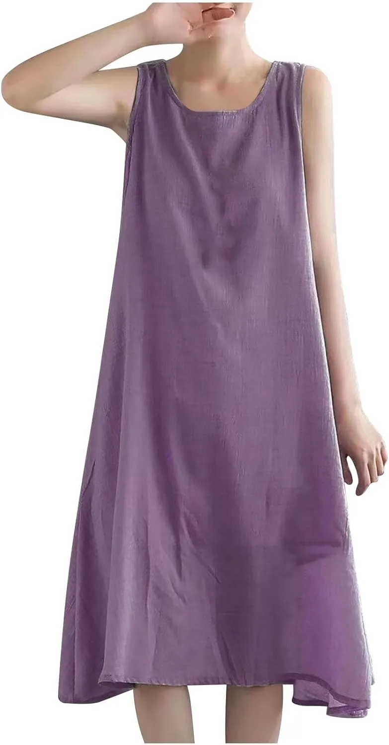 Womens Cotton Linen Crewneck Tank Dress Trendy Comfy Sleeveless Loose Midi Dresses Summer Plus Size Beach Sundress