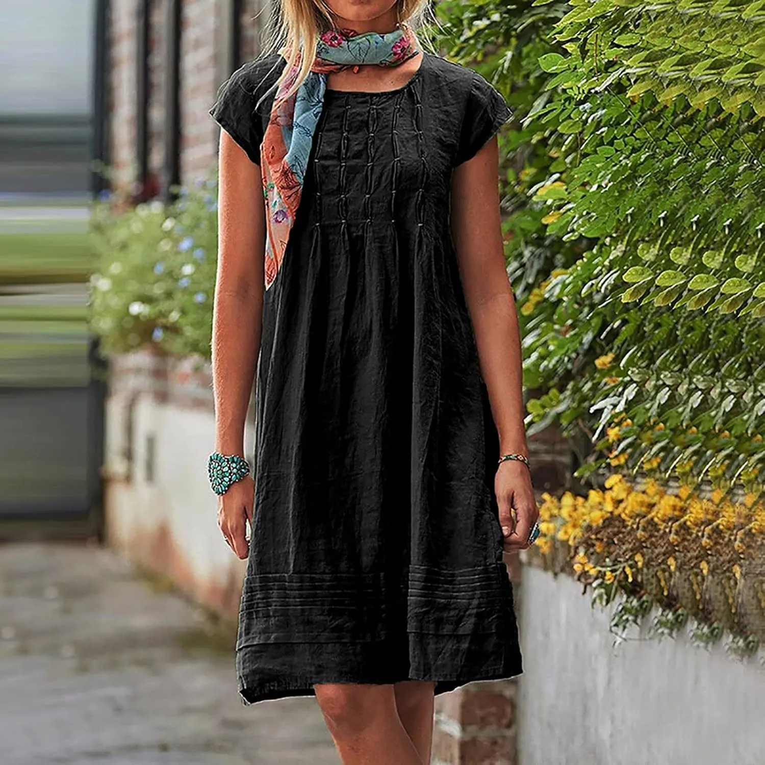 Women's Cotton Linen Dress Pleated Summer Dresses Round Neck Short Sleeve Sundress Beach Vacation Casual Mini Dress