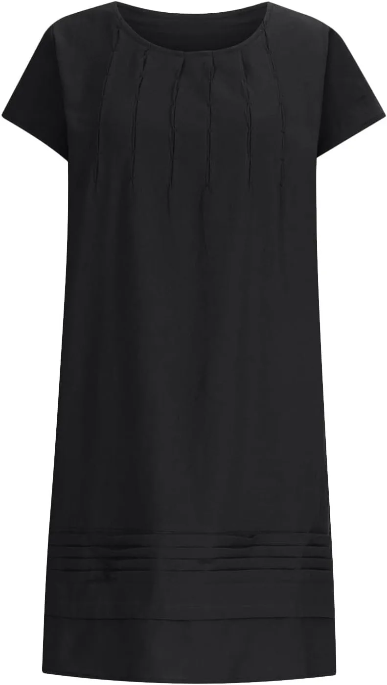 Women's Cotton Linen Dress Pleated Summer Dresses Round Neck Short Sleeve Sundress Beach Vacation Casual Mini Dress