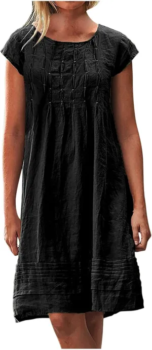 Women's Cotton Linen Dress Pleated Summer Dresses Round Neck Short Sleeve Sundress Beach Vacation Casual Mini Dress