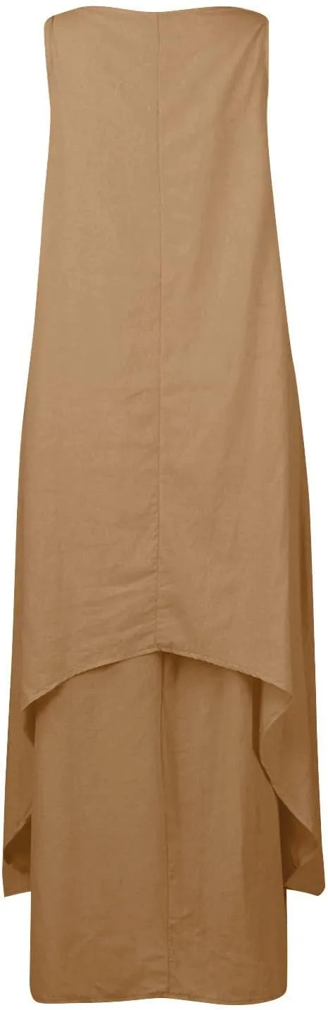 Womens Cotton Linen Midi Dresses Sleeveless Simple Solid Color Sundress Loose Casual Tank Dresses with Pockets