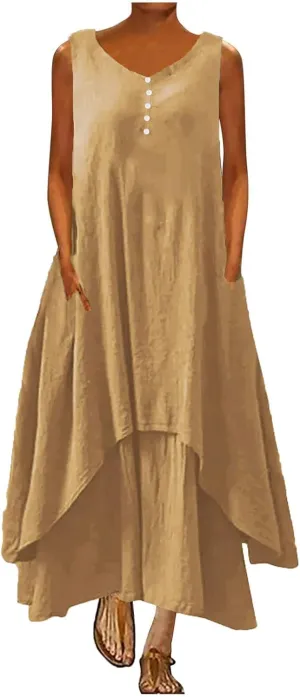 Womens Cotton Linen Midi Dresses Sleeveless Simple Solid Color Sundress Loose Casual Tank Dresses with Pockets