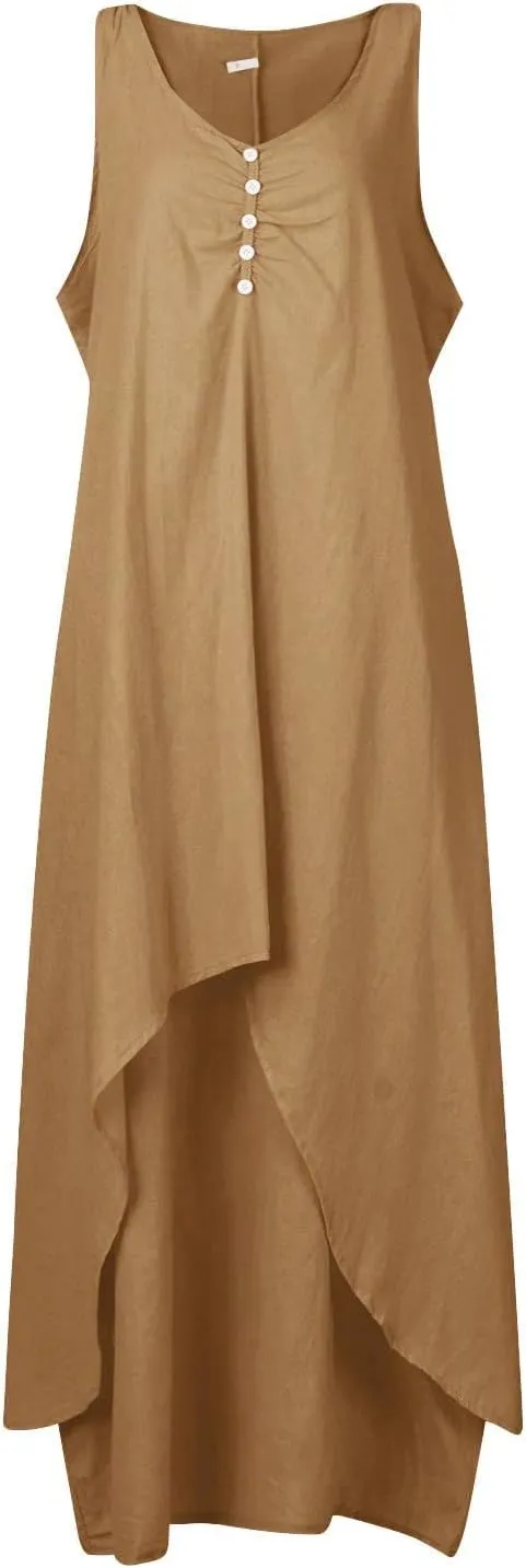 Womens Cotton Linen Midi Dresses Sleeveless Simple Solid Color Sundress Loose Casual Tank Dresses with Pockets