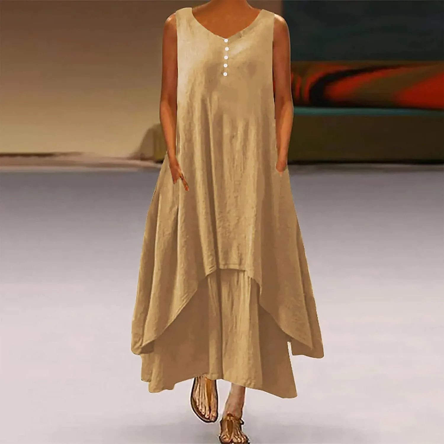 Womens Cotton Linen Midi Dresses Sleeveless Simple Solid Color Sundress Loose Casual Tank Dresses with Pockets