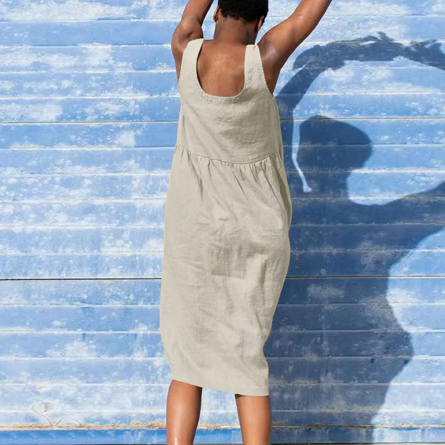 Womens Cotton Linen Sleeveless V Neck Midi Summer Dresses Casual Loose Tank Dress Solid Pleated Beach Sundresses