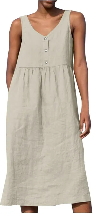 Womens Cotton Linen Sleeveless V Neck Midi Summer Dresses Casual Loose Tank Dress Solid Pleated Beach Sundresses
