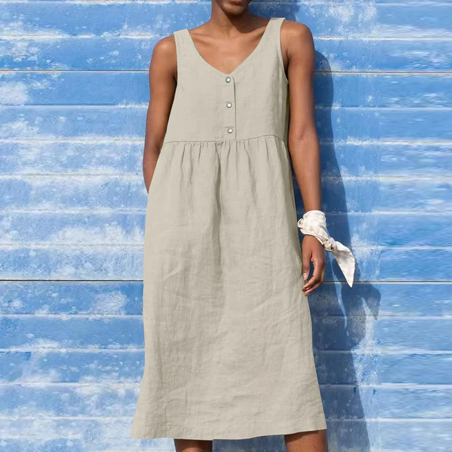 Womens Cotton Linen Sleeveless V Neck Midi Summer Dresses Casual Loose Tank Dress Solid Pleated Beach Sundresses