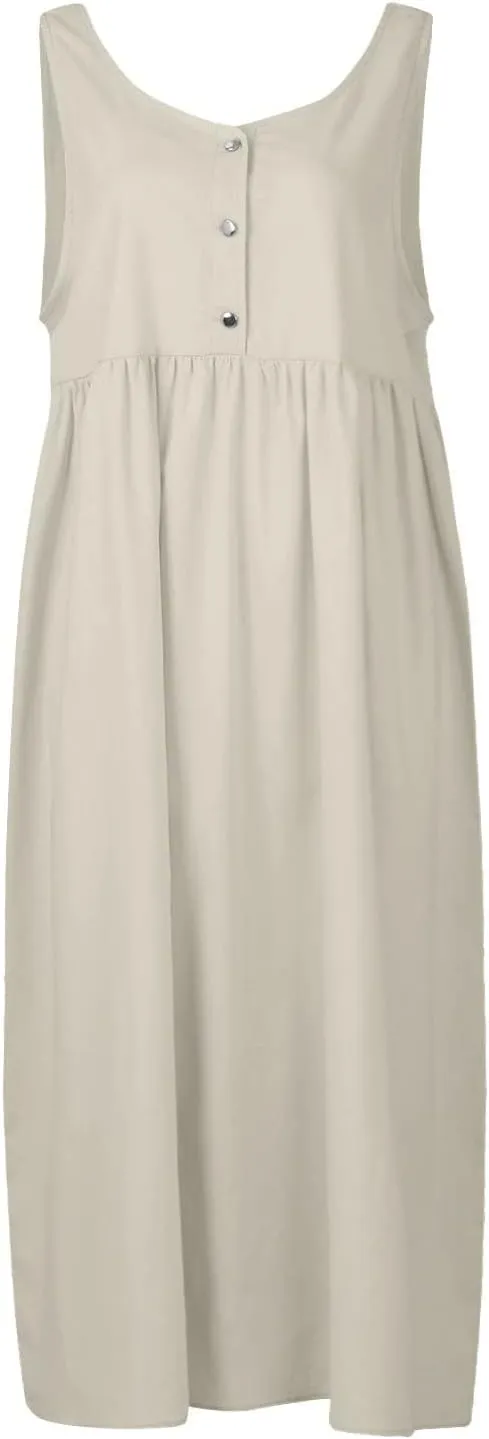 Womens Cotton Linen Sleeveless V Neck Midi Summer Dresses Casual Loose Tank Dress Solid Pleated Beach Sundresses