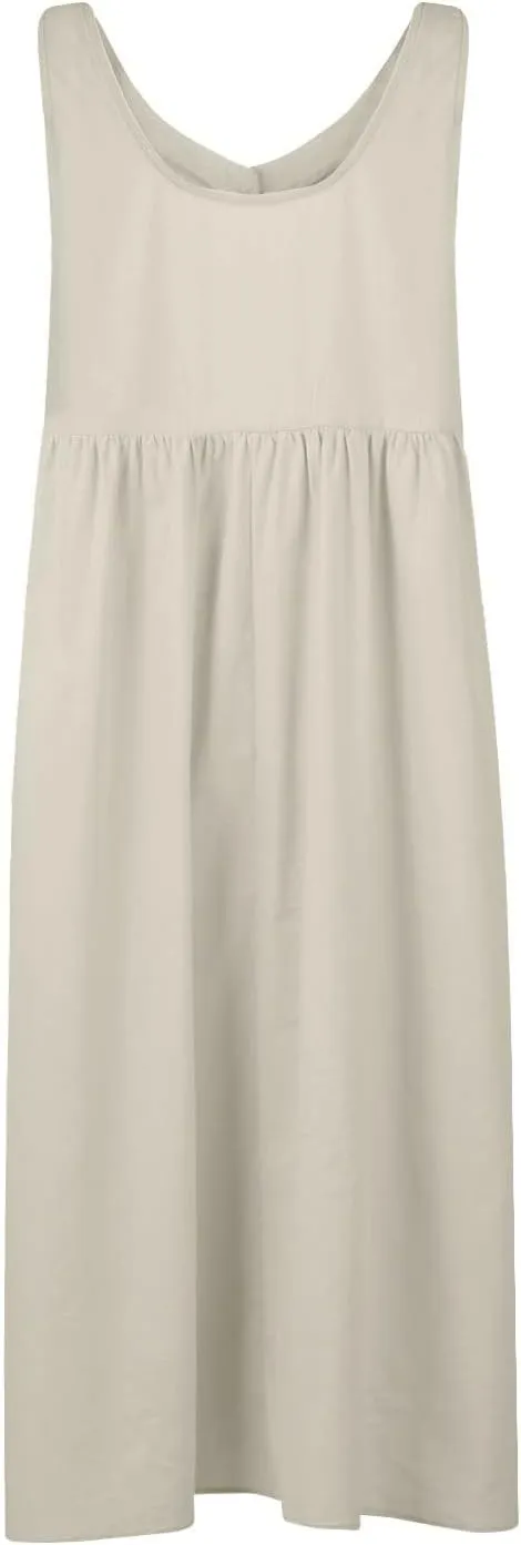 Womens Cotton Linen Sleeveless V Neck Midi Summer Dresses Casual Loose Tank Dress Solid Pleated Beach Sundresses