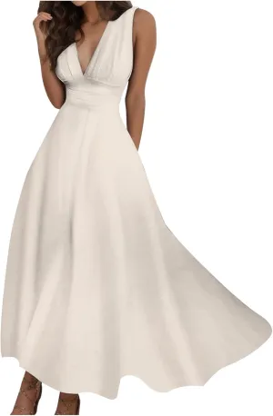 Women's Deep V Neck Prom Dresses Maxi Dress Summer Beach Vacation A Line Formal Evening Gowns Ladies Sundresses