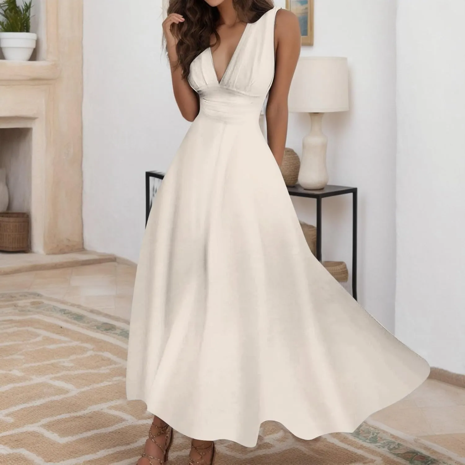 Women's Deep V Neck Prom Dresses Maxi Dress Summer Beach Vacation A Line Formal Evening Gowns Ladies Sundresses