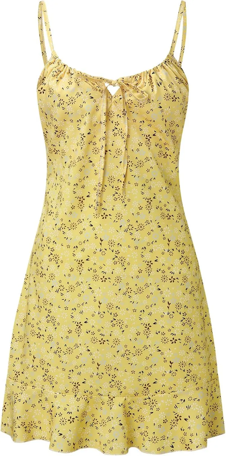 Women's Ditsy Floral Ruched Cami Mini Dress Spaghetti Strap Pencil Dress Smocked Ruffle Tie Front Boho Short Dresses