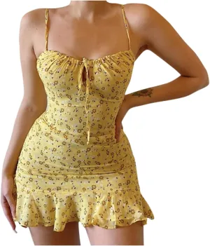 Women's Ditsy Floral Ruched Cami Mini Dress Spaghetti Strap Pencil Dress Smocked Ruffle Tie Front Boho Short Dresses