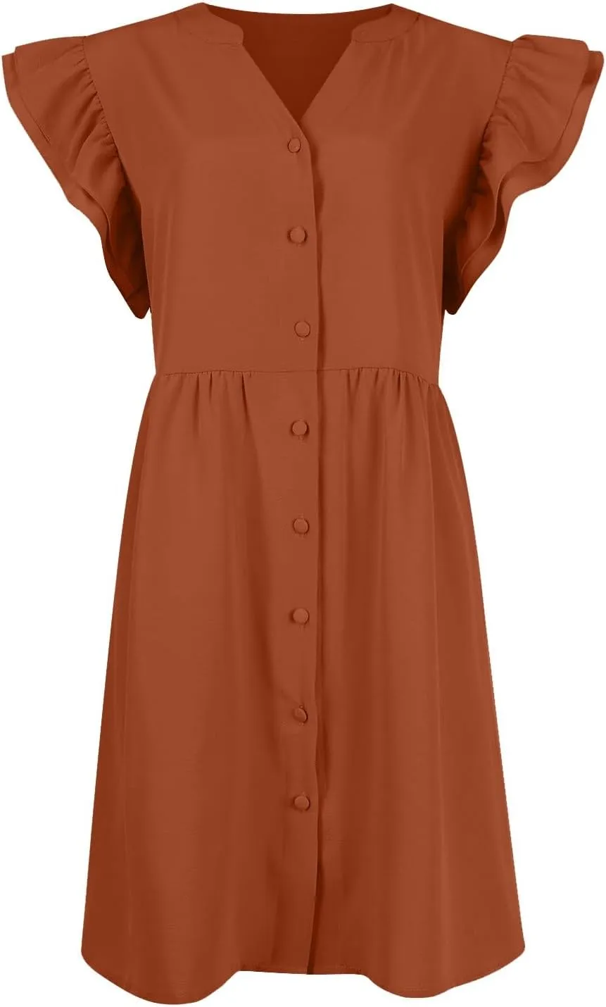 Women's Dresses 2024 Summer Mini Dress Casual Ruffle Sleeveless Button Down V Neck Loose Tunic Dress Sundresses