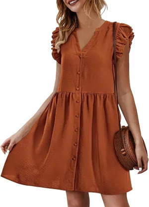 Women's Dresses 2024 Summer Mini Dress Casual Ruffle Sleeveless Button Down V Neck Loose Tunic Dress Sundresses
