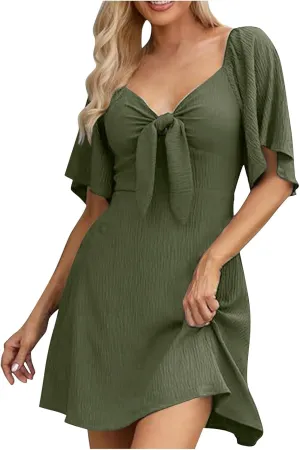 Womens Dresses 2025 Spring Summer Deep V Neck Elegant Bow Front tie Mini Dress Casual Short Sleeve Cocktail Chiffon Dress