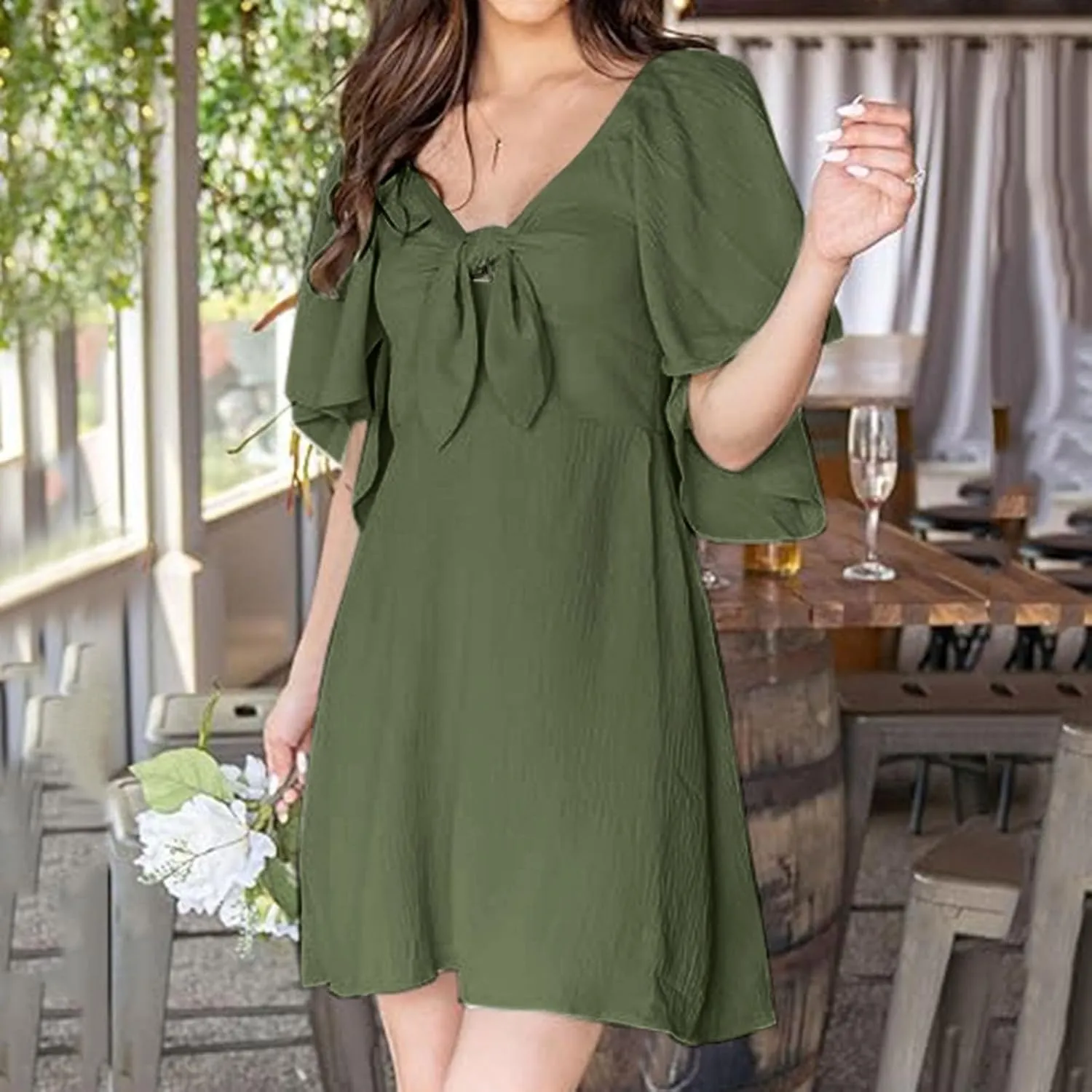 Womens Dresses 2025 Spring Summer Deep V Neck Elegant Bow Front tie Mini Dress Casual Short Sleeve Cocktail Chiffon Dress