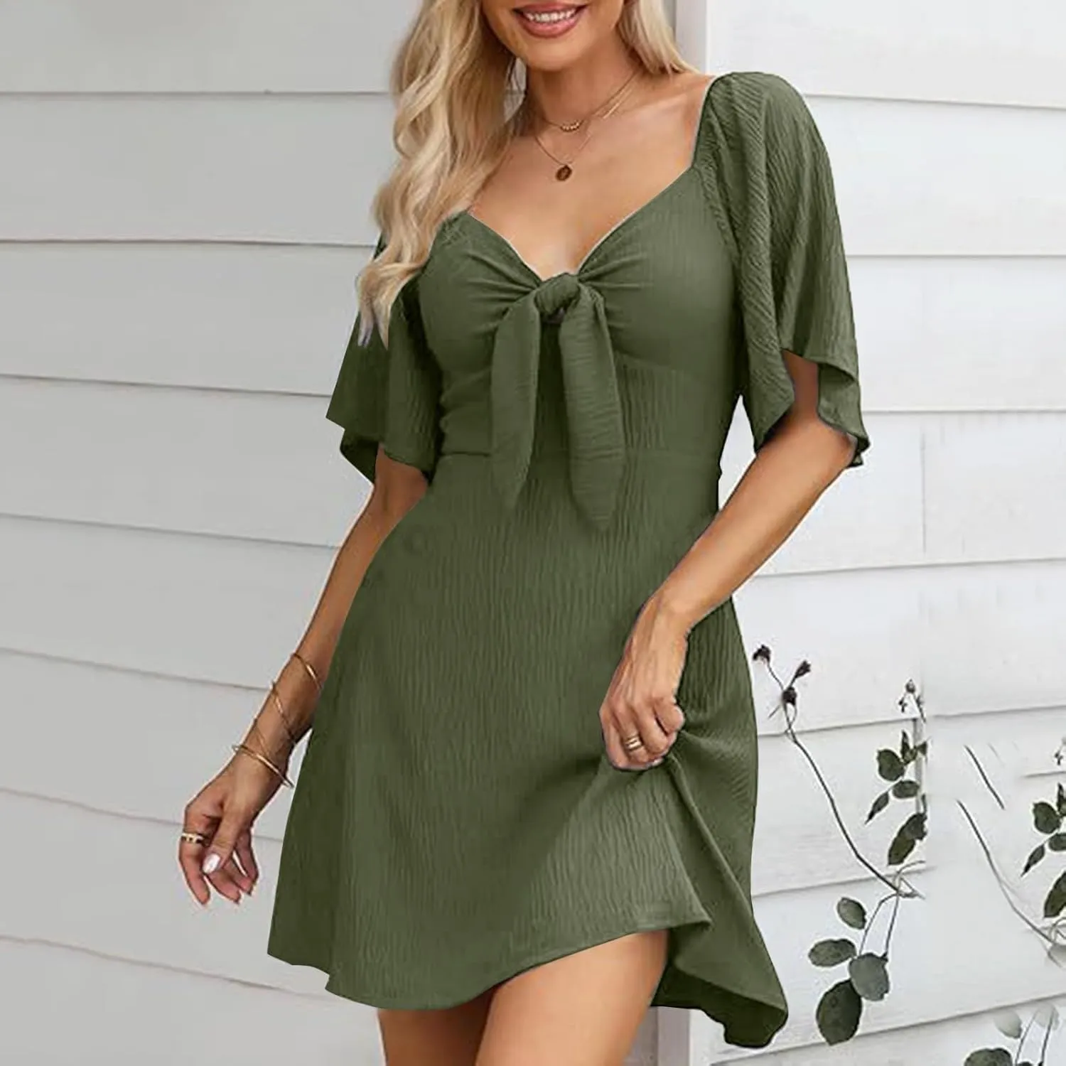 Womens Dresses 2025 Spring Summer Deep V Neck Elegant Bow Front tie Mini Dress Casual Short Sleeve Cocktail Chiffon Dress