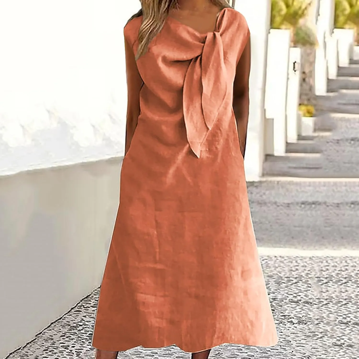 Womens Dresses Round Neck Short Sleeve Cotton Linen Midi Dress Tie Front Plus Size Cotton Linen Dress with Pockets