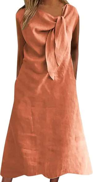 Womens Dresses Round Neck Short Sleeve Cotton Linen Midi Dress Tie Front Plus Size Cotton Linen Dress with Pockets