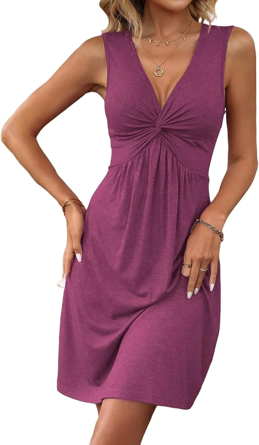 Womens Dresses Twist Front V Neck Ruffle Dress Sexy Sleeveless Tank Sundress Casual A Line Dress Bodycon Mini Dresses