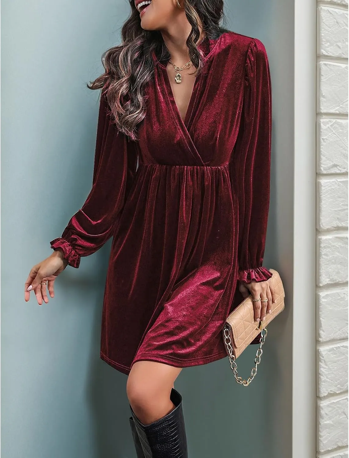 Women's Dresses Velvet Deep V-Neck Long Sleeve Ruffle Mini Swing Sexy Cocktail Shift Dress