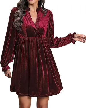 Women's Dresses Velvet Deep V-Neck Long Sleeve Ruffle Mini Swing Sexy Cocktail Shift Dress
