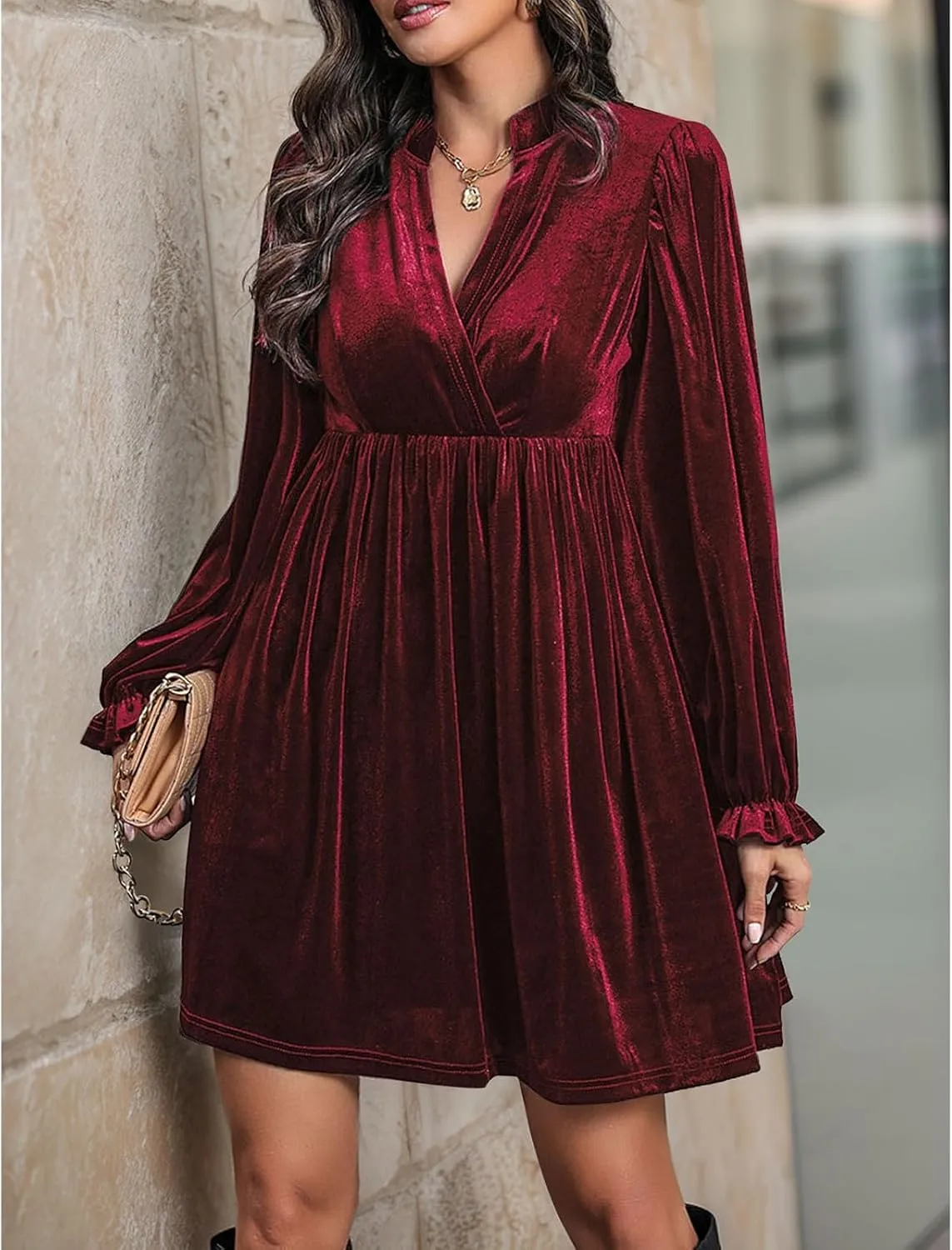 Women's Dresses Velvet Deep V-Neck Long Sleeve Ruffle Mini Swing Sexy Cocktail Shift Dress