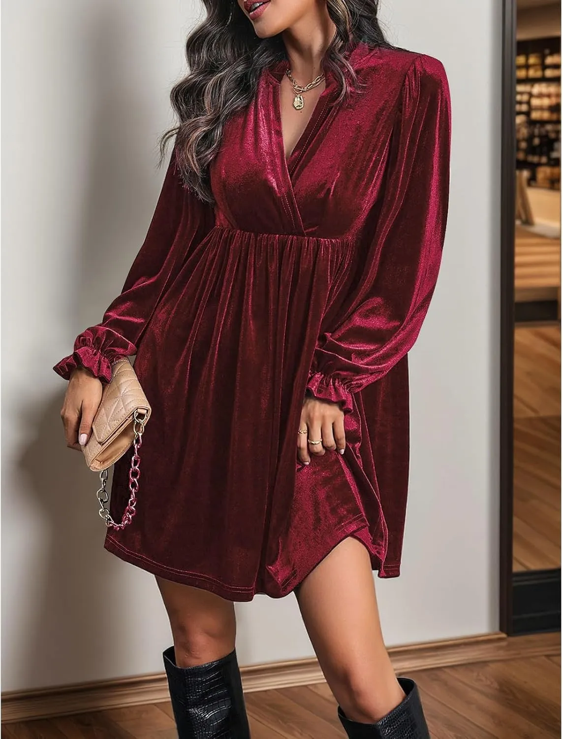 Women's Dresses Velvet Deep V-Neck Long Sleeve Ruffle Mini Swing Sexy Cocktail Shift Dress