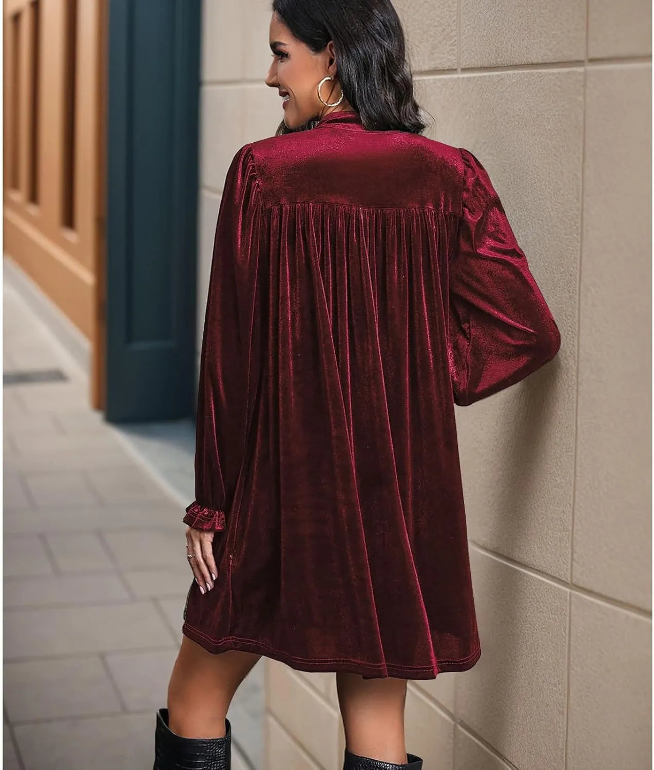 Women's Dresses Velvet Deep V-Neck Long Sleeve Ruffle Mini Swing Sexy Cocktail Shift Dress