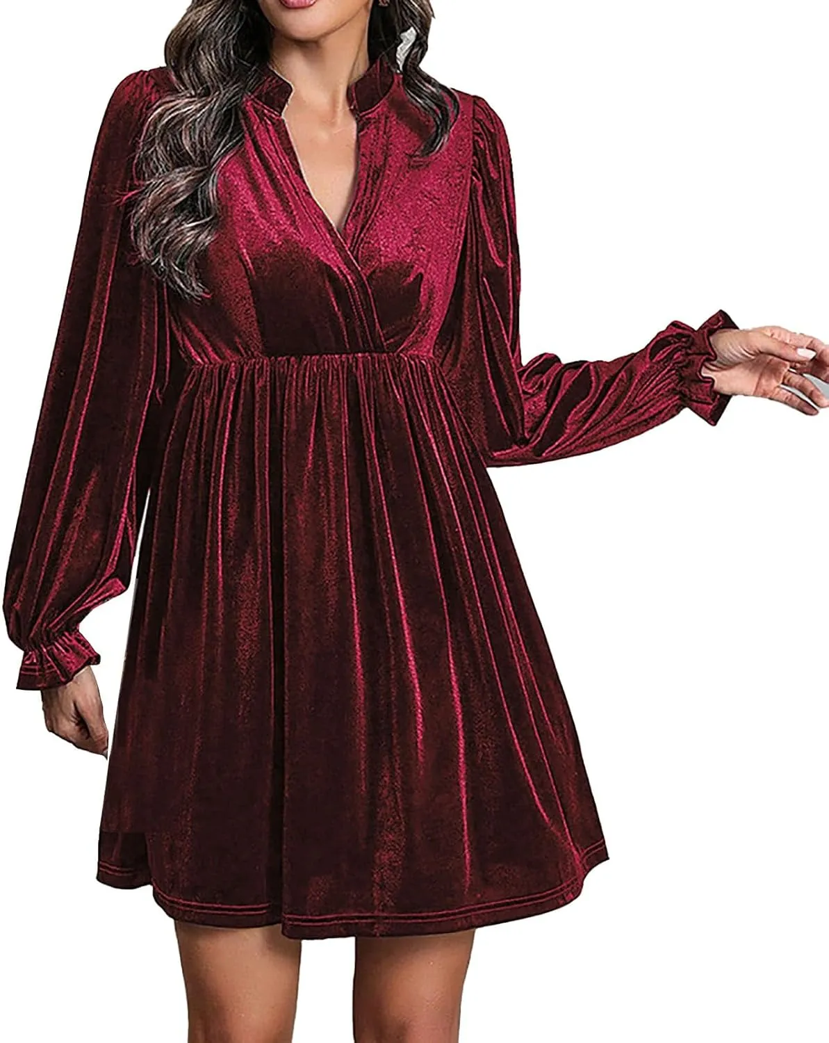 Women's Dresses Velvet Deep V-Neck Long Sleeve Ruffle Mini Swing Sexy Cocktail Shift Dress