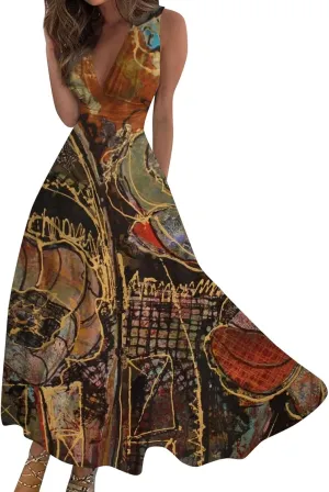 Womens Dresses Wrap V Neck Flowy Ruched Sundresses Floral Print Sleeveless Boho Dress Elegant Beach Dresses