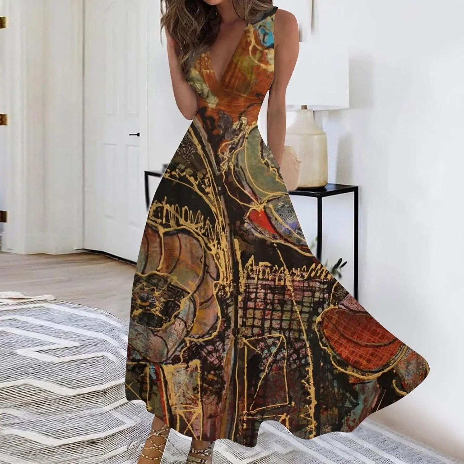 Womens Dresses Wrap V Neck Flowy Ruched Sundresses Floral Print Sleeveless Boho Dress Elegant Beach Dresses