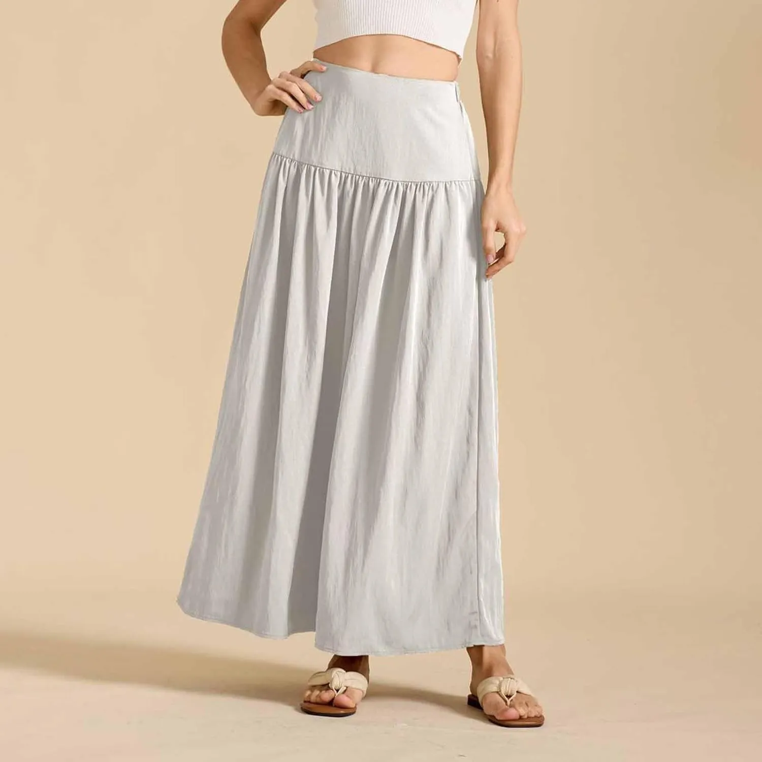 Women's Elastic High Waisted Skirts Summer Pleated Boho Maxi Long Skirts Casual Trendy Flowy Swing A-line Midi Skirt