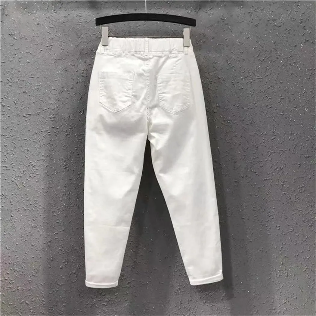 Women's Elastic Waist Solid Color Jeans Summer Casual All-Matched Cotton Harem Pants