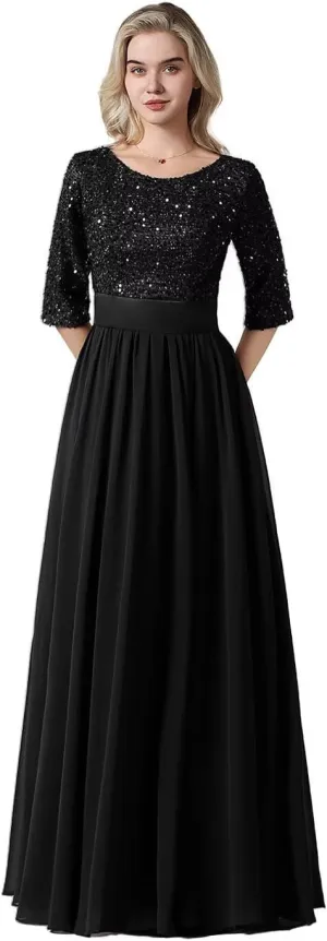 Women's Elegant A-Line Sequin Formal Dress Crew Neck Empire Waist Half Sleeve Chiffon Maxi Evening Dress