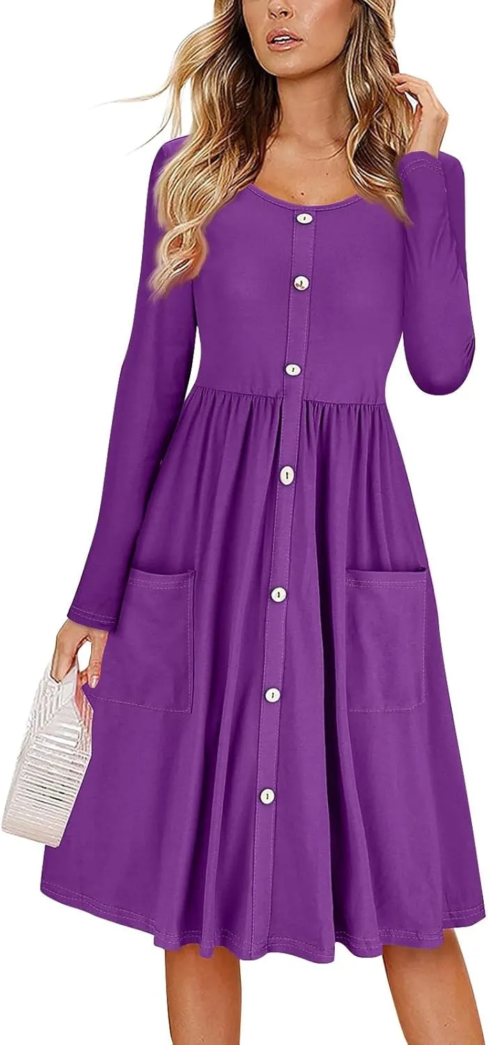 Women's Fall Casual Flowy Long Sleeve V-Neck Button Midi Dresses with Pockets