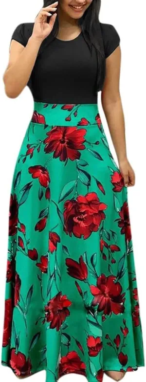 Womens Fashion Casual Floral Printed Maxi Dress Short Sleeve Party Long Max Dress