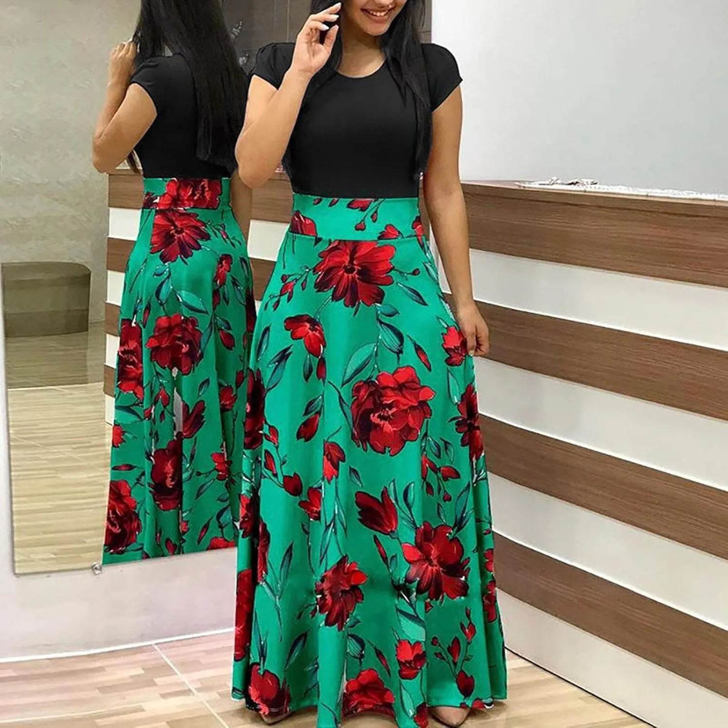 Womens Fashion Casual Floral Printed Maxi Dress Short Sleeve Party Long Max Dress