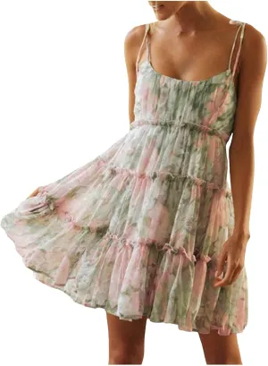 Womens Floral Mini Dress 2025 Boho Summer Spaghetti Strap Skater Dresses Sexy Sleeveless Ruffle Flowy Swing Tiered Dress