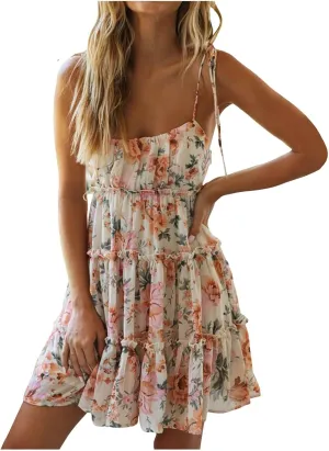 Womens Floral Mini Dress 2025 Boho Summer Spaghetti Strap Skater Dresses Sexy Sleeveless Ruffle Flowy Swing Tiered Dress
