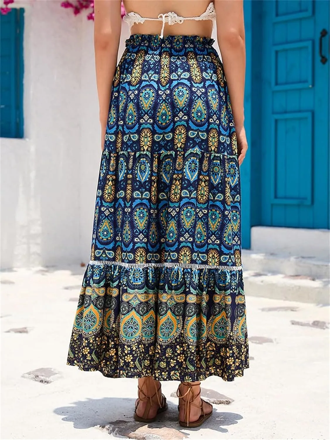 Womens Floral Print Boho Maxi Skirt Casual Elastic High Waist Skirts Pleated Ruffle Flowy Skirts Long Beach Skirt