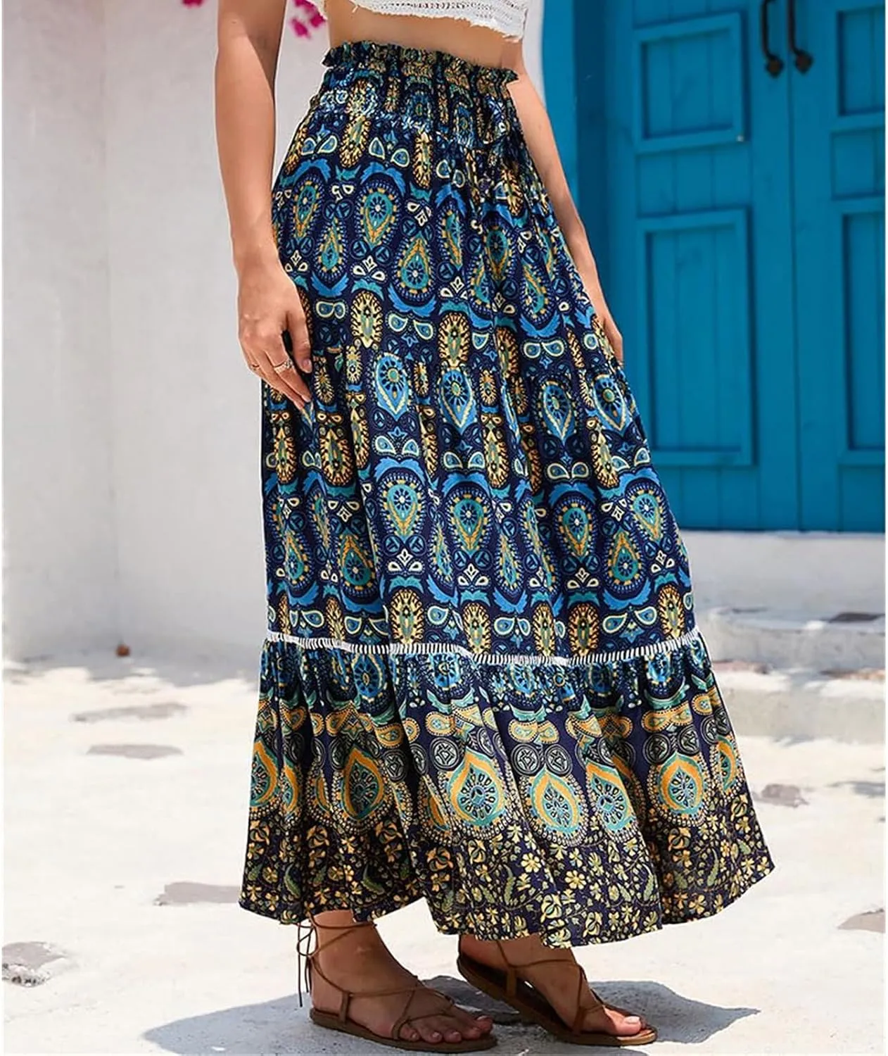 Womens Floral Print Boho Maxi Skirt Casual Elastic High Waist Skirts Pleated Ruffle Flowy Skirts Long Beach Skirt