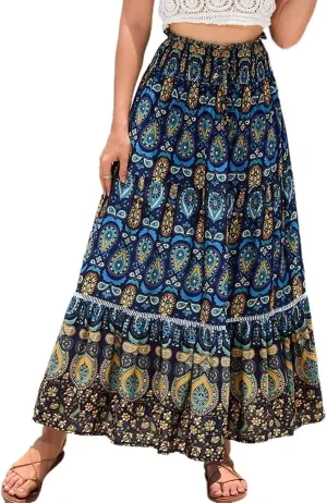 Womens Floral Print Boho Maxi Skirt Casual Elastic High Waist Skirts Pleated Ruffle Flowy Skirts Long Beach Skirt