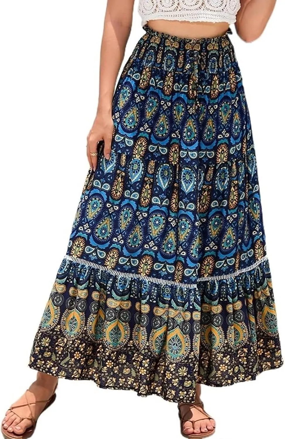 Womens Floral Print Boho Maxi Skirt Casual Elastic High Waist Skirts Pleated Ruffle Flowy Skirts Long Beach Skirt